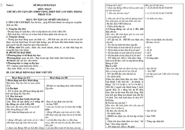 Giáo án Toán 2 Ôn tập các số đến 100
