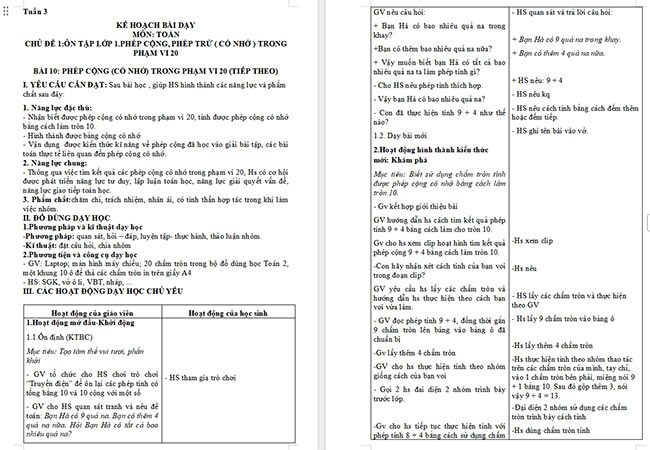 Giáo án Toán 2 Phép cộng (có nhớ) trong phạm vi 20 (tiếp theo)