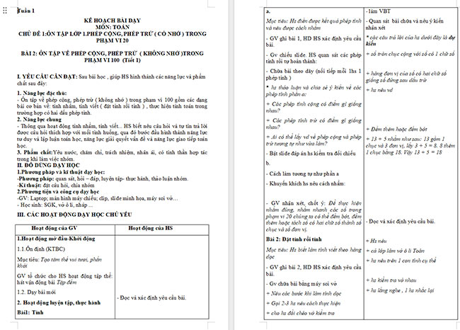 Giáo án Toán 2 Ôn tập về phép cộng, phép trừ (không nhớ) trong phạm vi 100