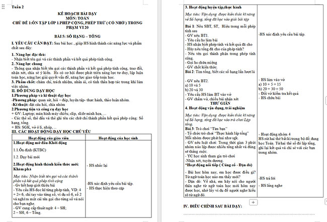 Giáo án Toán 2 Số hạng - tổng