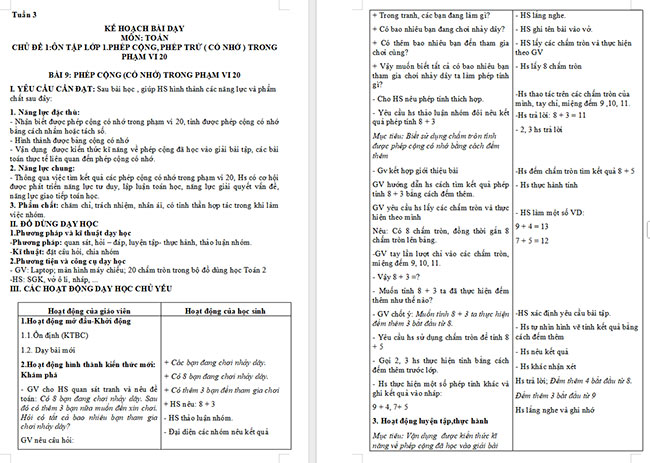 Giáo án Toán 2 Phép cộng (có nhớ) trong phạm vi 20
