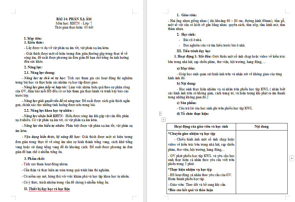 Giáo án PowerPoint Khoa học tự nhiên 7 Bài 14: Phản xạ âm