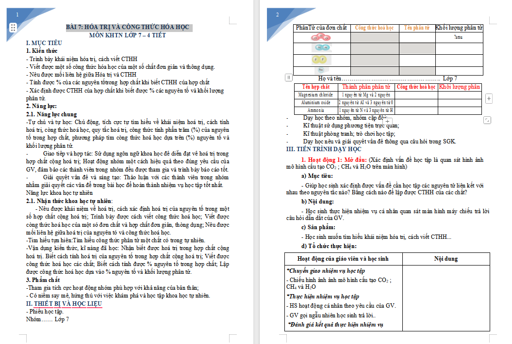  KHTN 7 Bài 7: Hóa trị và công thức hóa học
