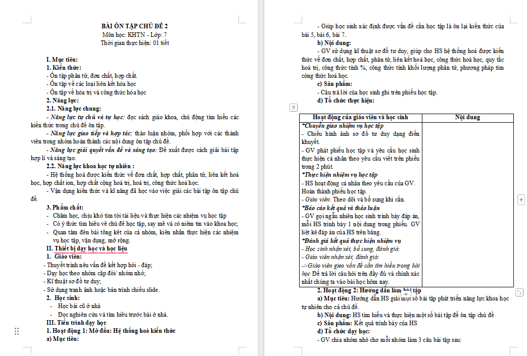 Giáo án KHTN 7 Ôn tập chủ đề 2
