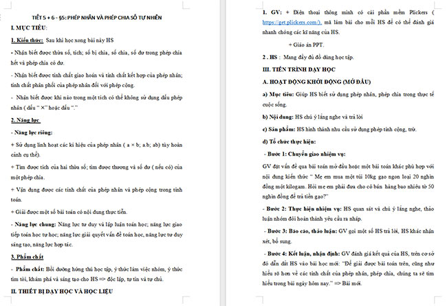 Giáo án Toán 6 Bài 5: Phép nhân và phép chia số tự nhiên