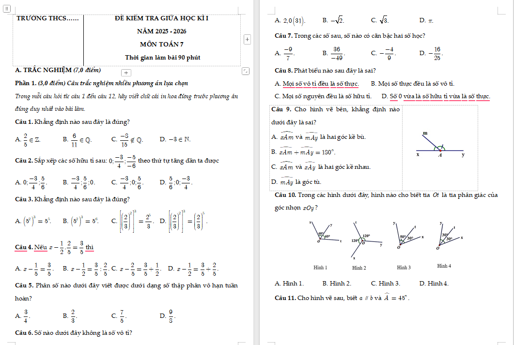 Đề thi giữa kì 1 Toán 7 Kết nối tri thức
