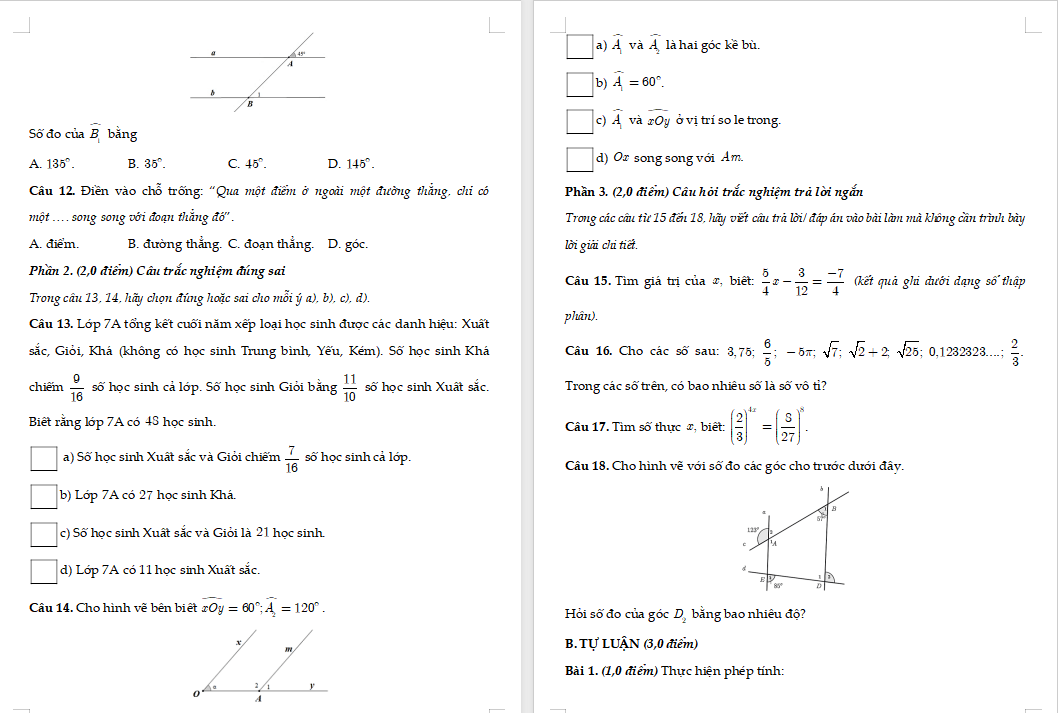 Đề thi giữa kì 1 Toán 7 Kết nối tri thức