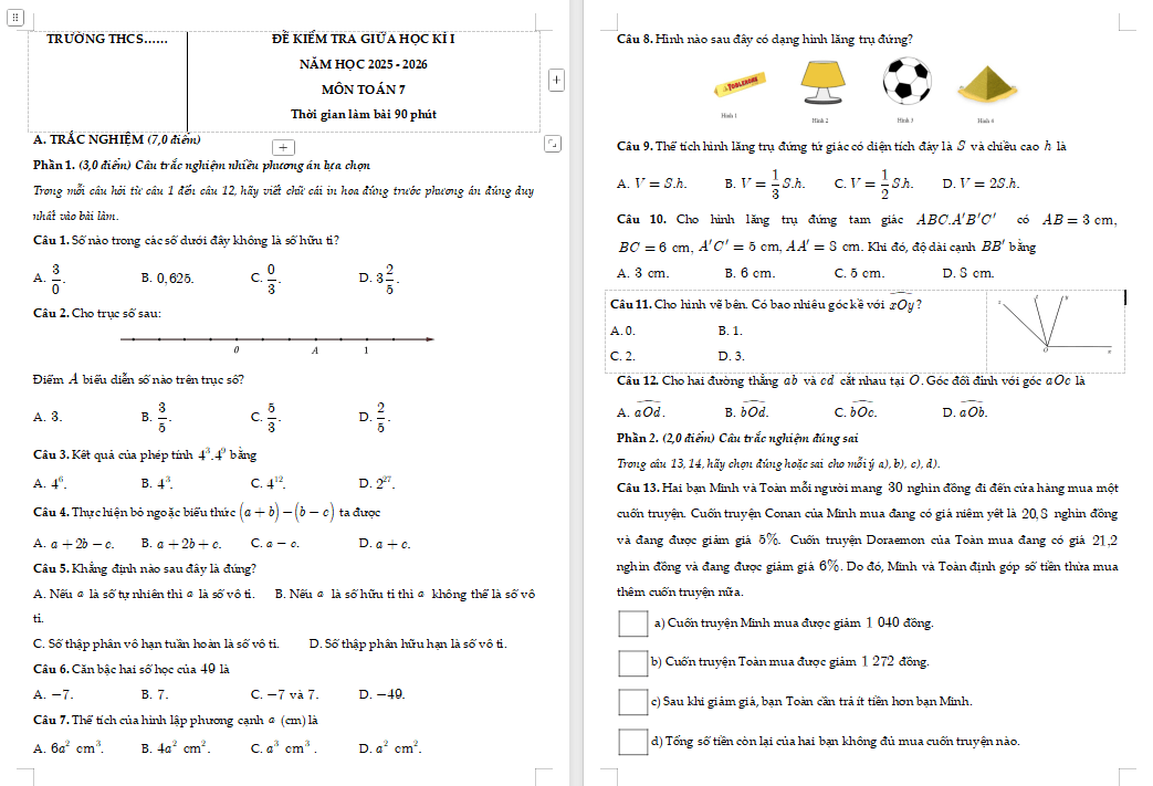 Đề thi giữa kì 1 Toán 7 Cánh diều