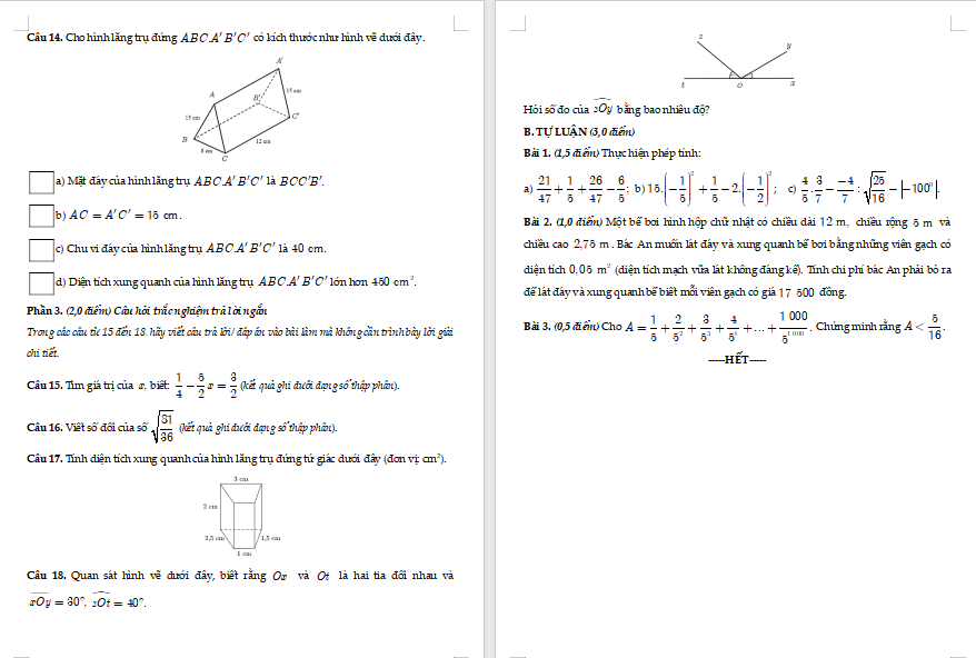 Đề thi giữa kì 1 Toán 7 Cánh diều