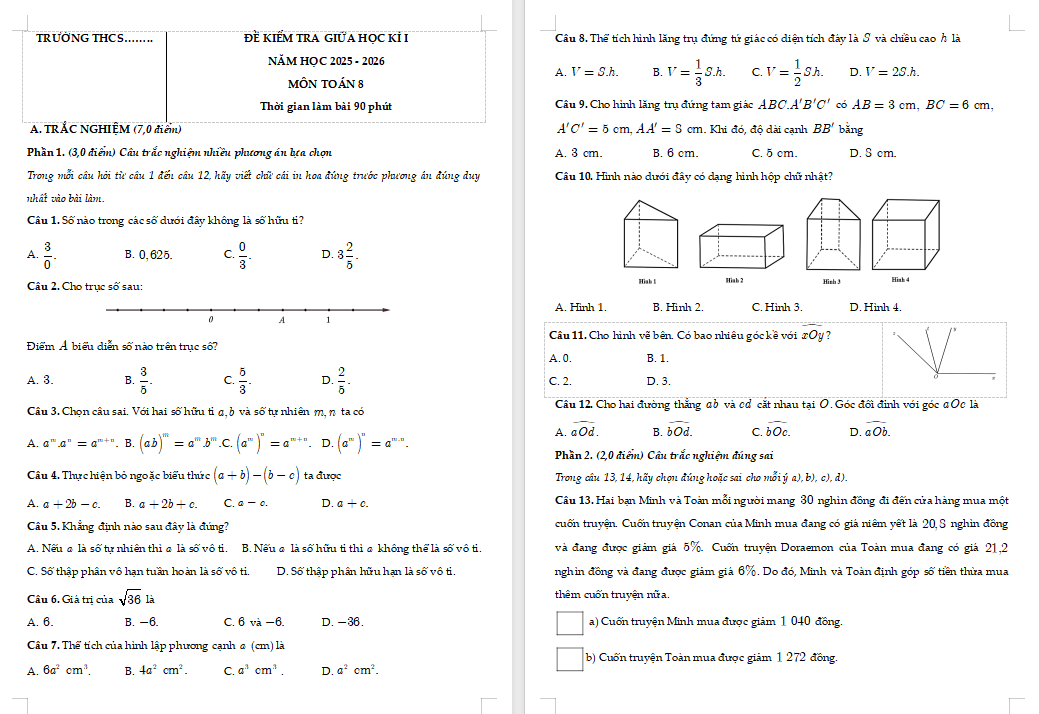 Đề thi Toán giữa kì 1 lớp 7 Chân trời sáng tạo