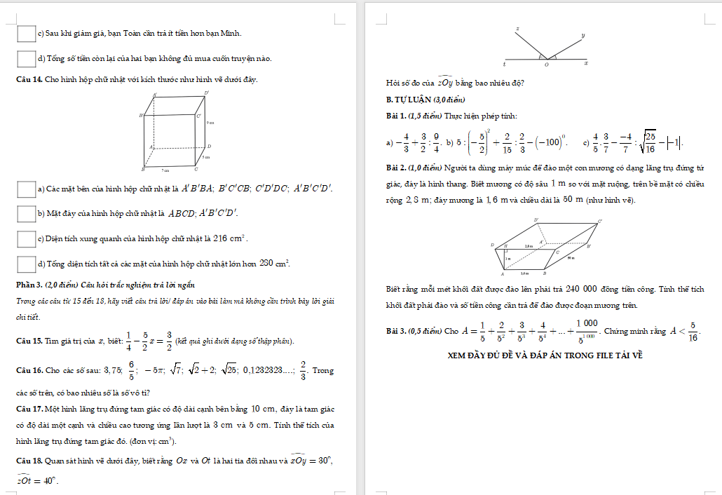 Đề thi Toán giữa kì 1 lớp 7 Chân trời sáng tạo
