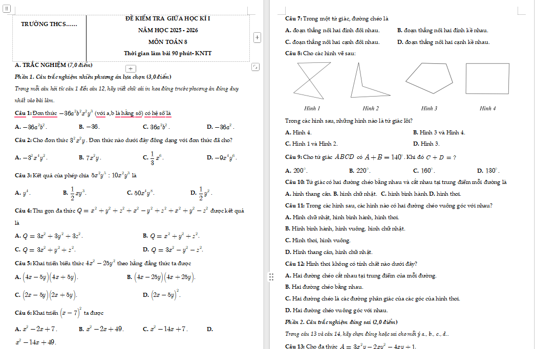 Đề kiểm tra giữa kì 1 Toán 8 Kết nối tri thức