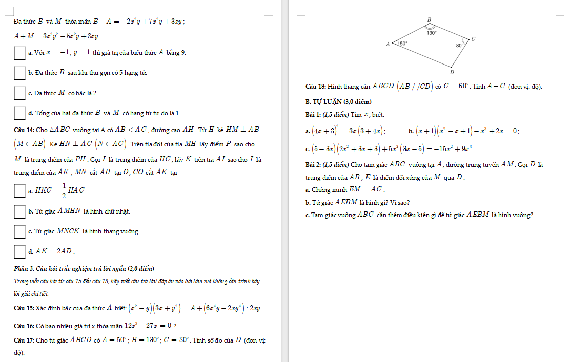Đề kiểm tra giữa kì 1 Toán 8 Kết nối tri thức