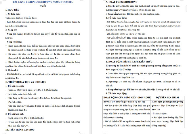 Giáo án Địa lí 6 Bài 8: Xác định phương hướng ngoài thực địa