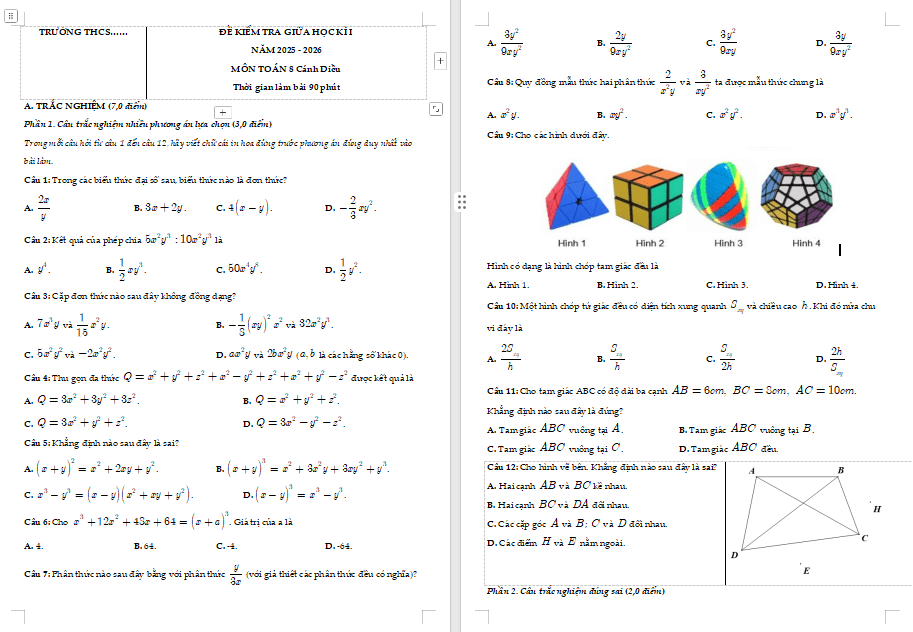 Đề kiểm tra giữa kì 1 Toán 8 Cánh diều 