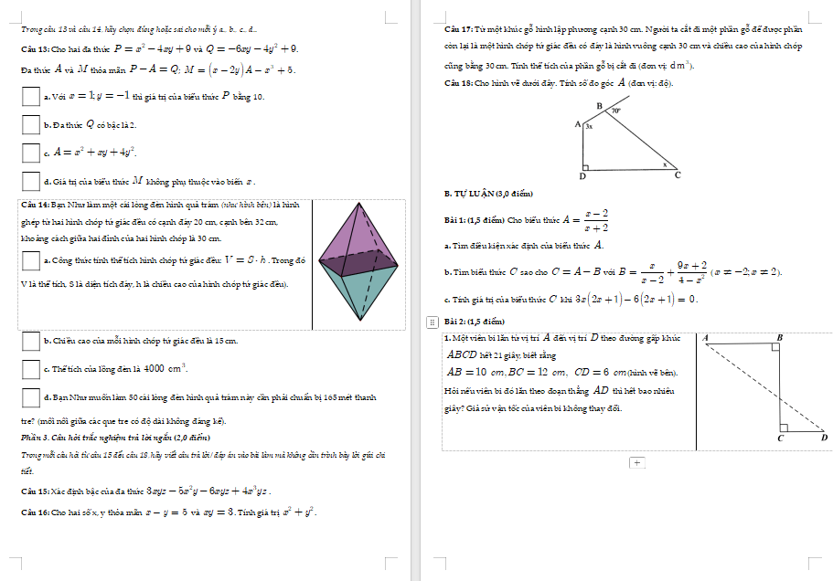 Đề kiểm tra giữa kì 1 Toán 8 Cánh diều 