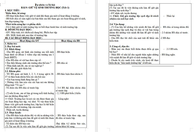 Giáo án Tự nhiên và xã hội 2 Bài 9: Giữ vệ sinh trường học