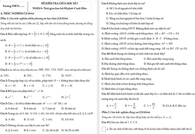 Đề thi giữa kì 1 Toán 6 Cánh diều
