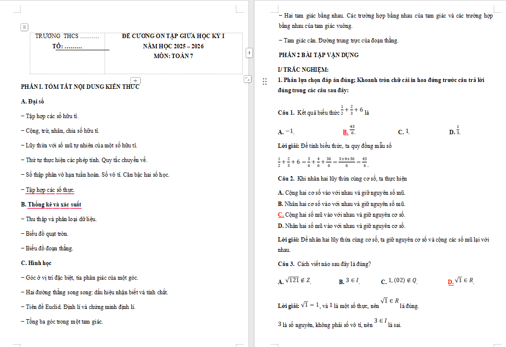 Đề cương ôn tập giữa kì 1 Toán 7