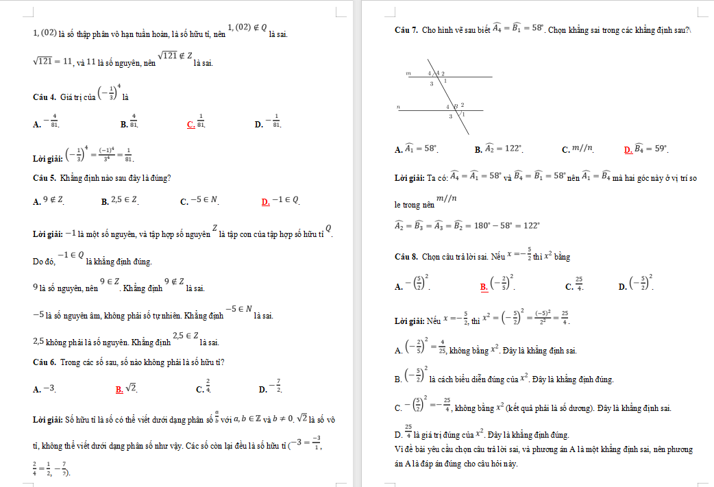 Đề cương ôn tập giữa kì 1 Toán 7