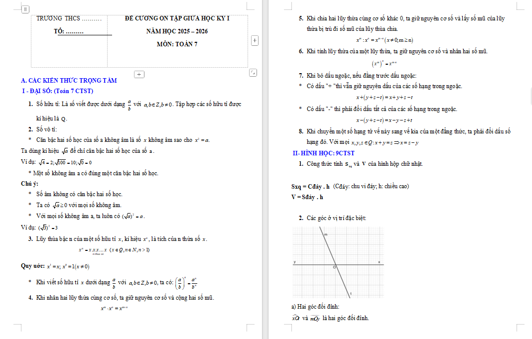 Đề cương giữa kì 1 Toán 7 Chân trời sáng tạo 