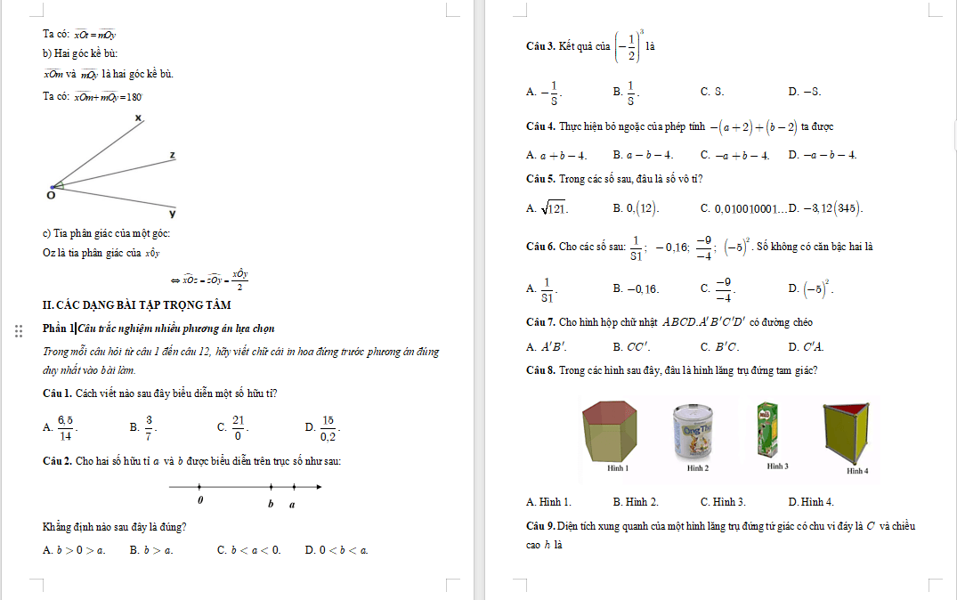 Đề cương giữa kì 1 Toán 7 Chân trời sáng tạo 