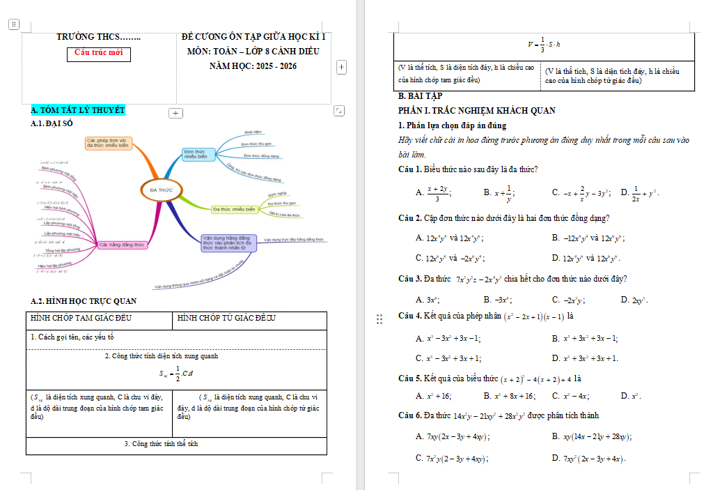Đề cương ôn tập giữa kì 1 Toán 8 