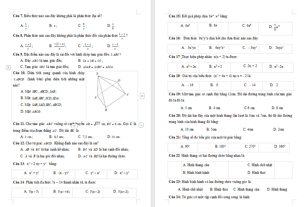 Đề cương ôn tập giữa kì 1 Toán 8 