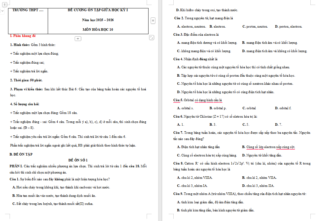 Đề cương ôn tập giữa kì 1 Hóa học 10 