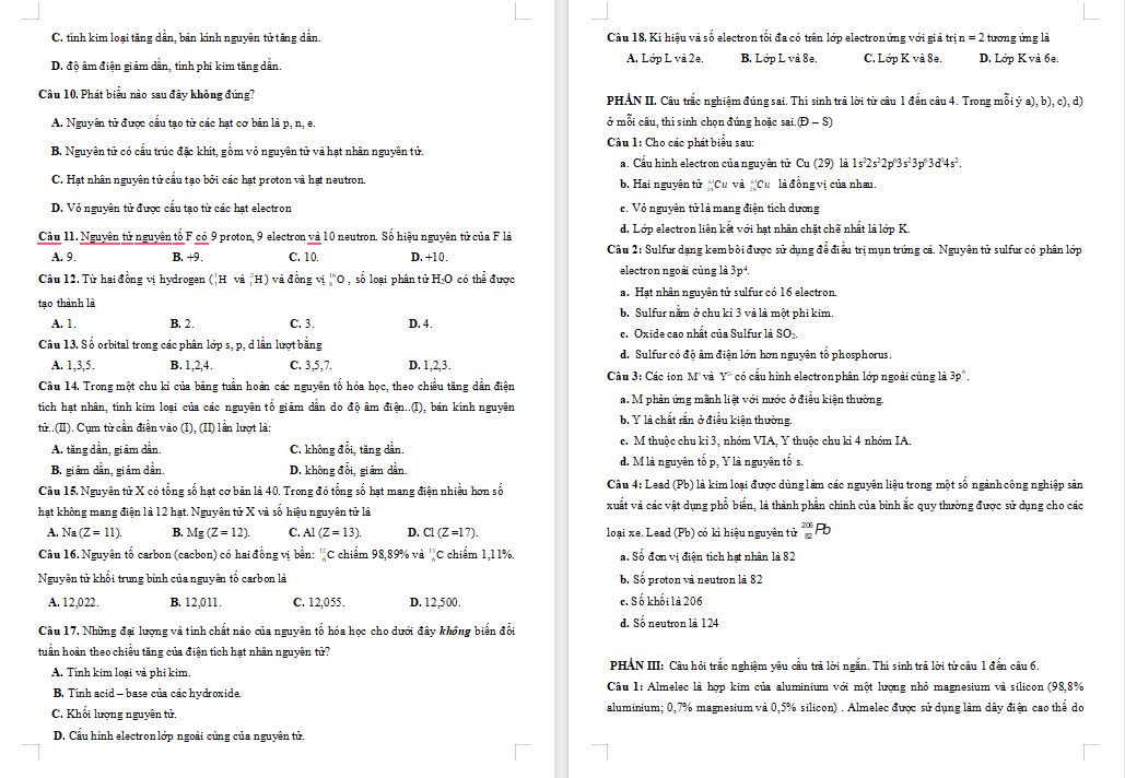 Đề cương ôn tập giữa kì 1 Hóa học 10 