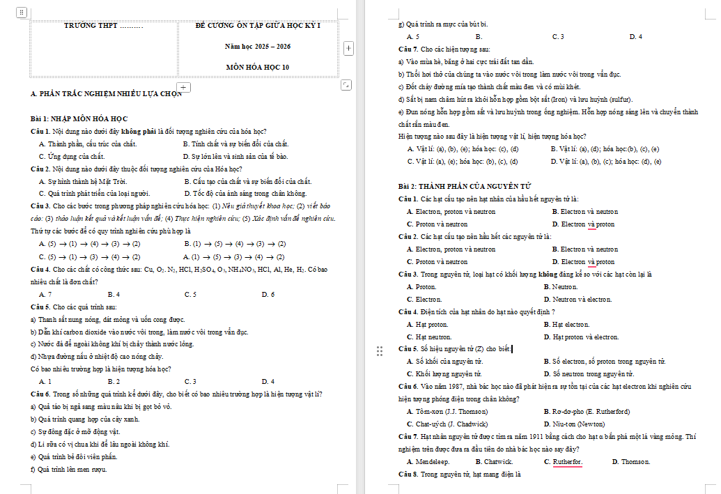 Đề cương giữa học kì 1 môn Hóa học 10
