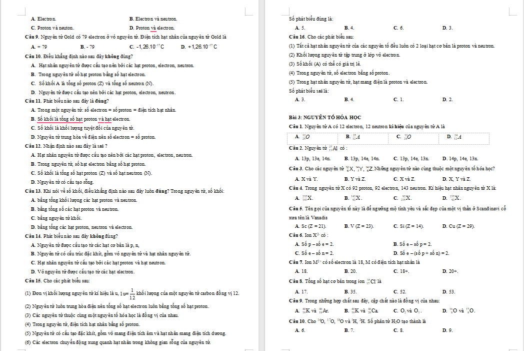 Đề cương giữa học kì 1 môn Hóa học 10