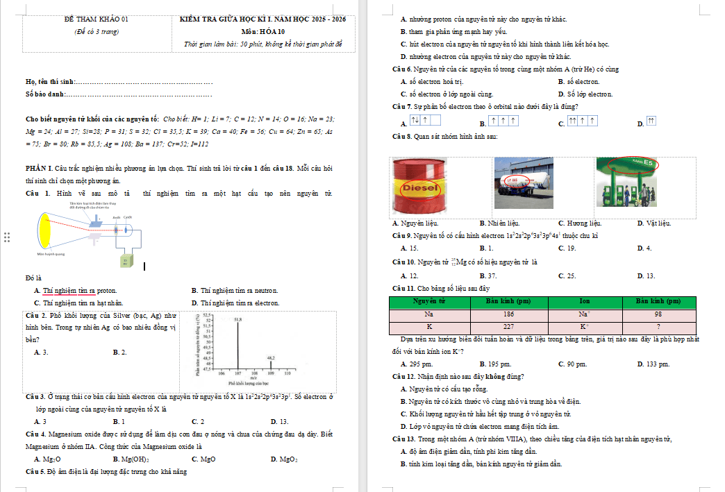 Đề cương ôn tập giữa kì 1 Hóa học 10 Kết nối tri thức