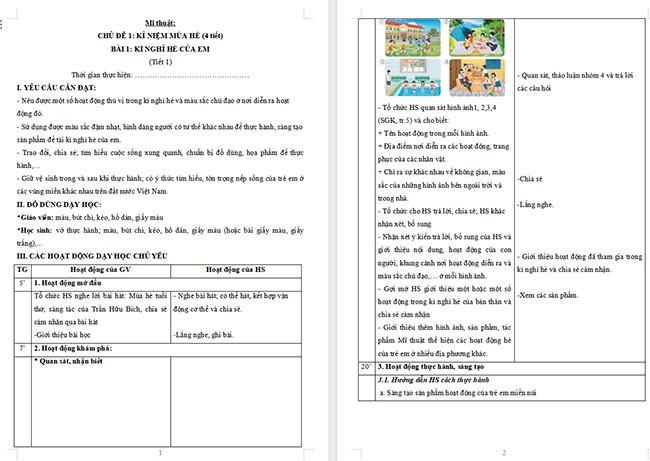 Giáo án Mĩ thuật 5 Bài 1: Kì nghỉ hè của em