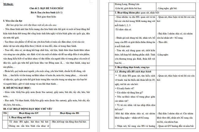 Giáo án Mĩ thuật 5 Bài 4: Em yêu hoà bình