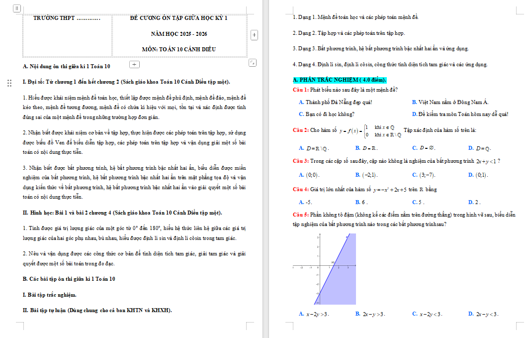 Đề cương ôn thi giữa kì 1 Toán 10 Cánh diều năm 2025