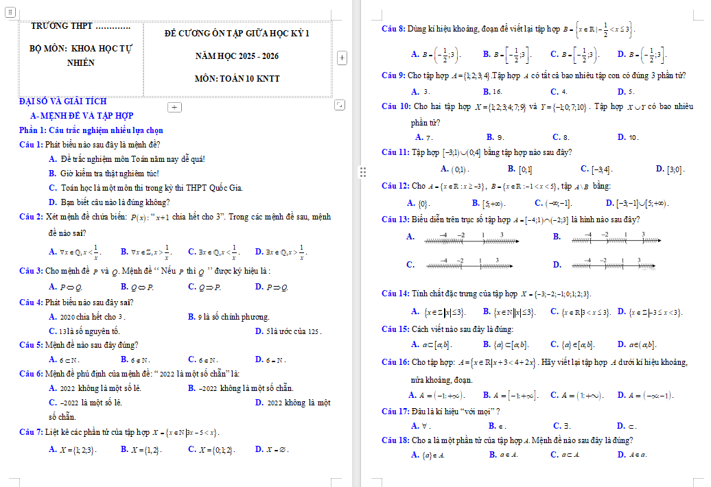 Đề cương ôn tập giữa kì 1 Toán 10 Kết nối tri thức