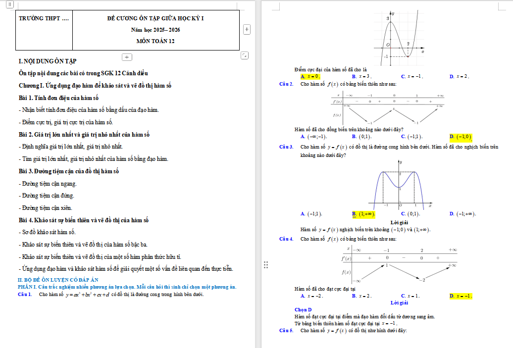 Đề cương ôn tập giữa kì 1 Toán 12 Kết nối tri thức 
