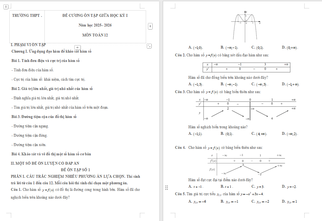 Đề cương ôn tập giữa kì 1 Toán 12 Chân trời sáng tạo