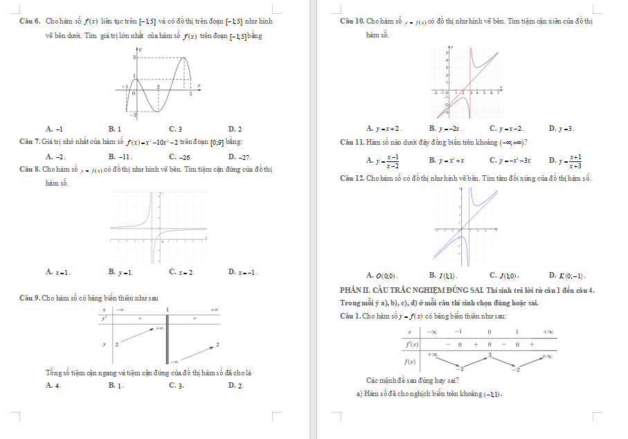 Đề cương ôn tập giữa kì 1 Toán 12 Chân trời sáng tạo