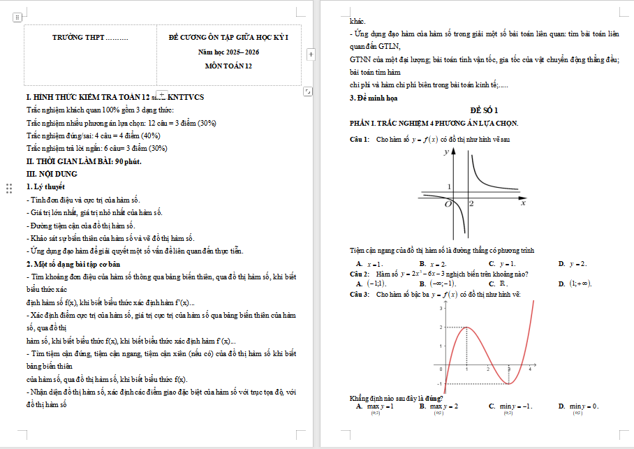 Đề cương ôn tập giữa kì 1 Toán 12 Kết nối tri thức 
