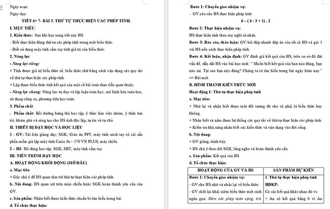 Giáo án Toán 6 Bài 5: Thứ tự thực hiện các phép tính