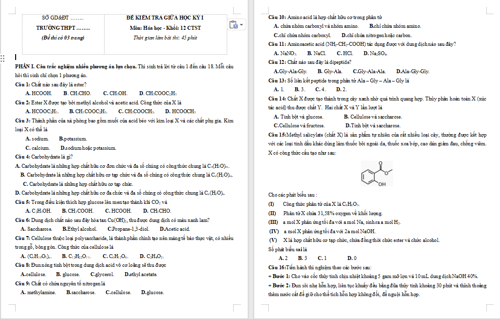 Đề thi giữa kì 1 Hóa học 12 Cánh diều 2025
