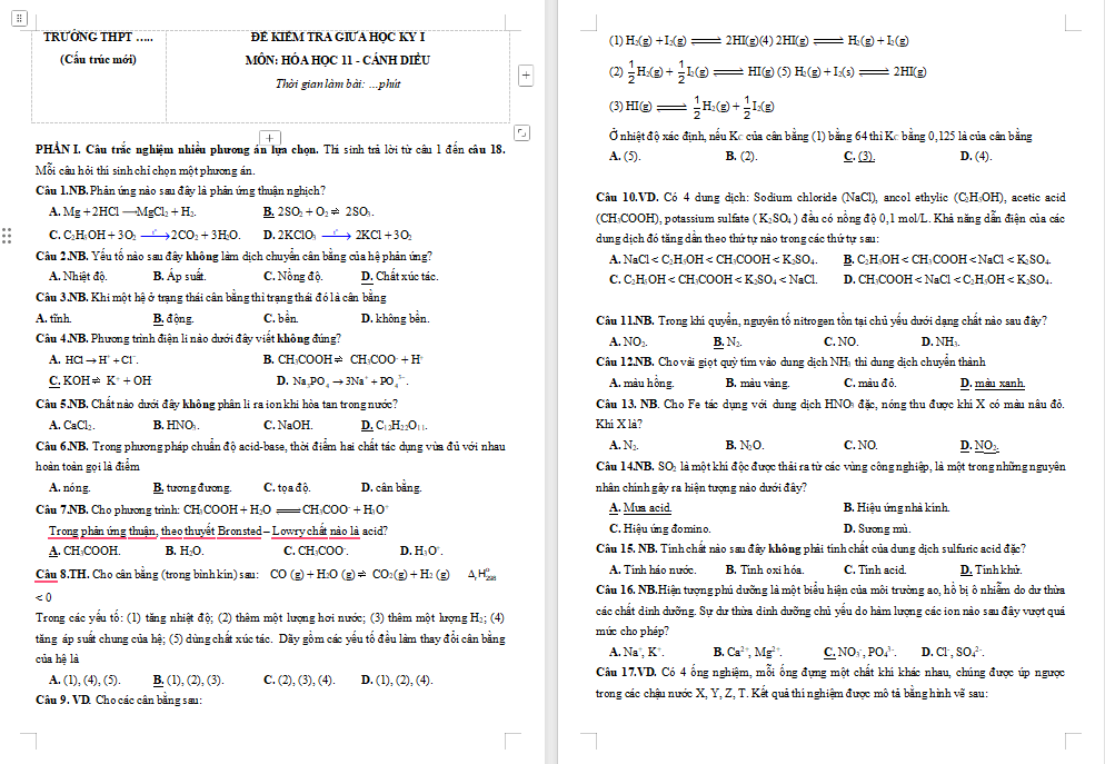  Đề thi giữa kì 1 Hóa học 11 Cánh diều 