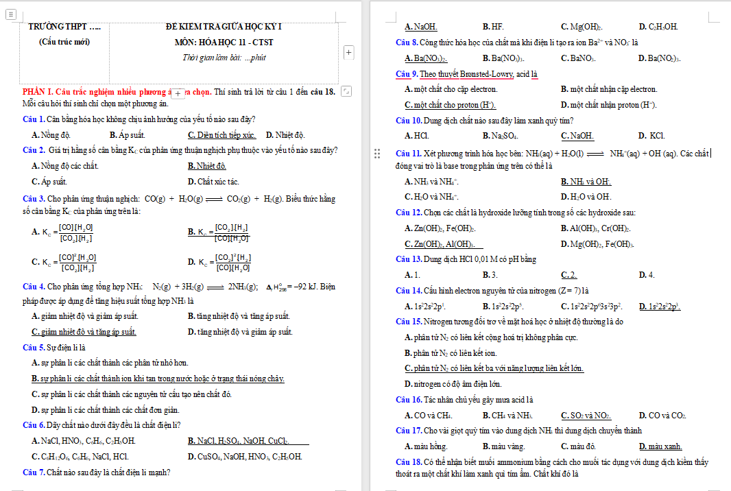 Đề thi giữa kì 1 Hóa học 11 Chân trời sáng tạo
