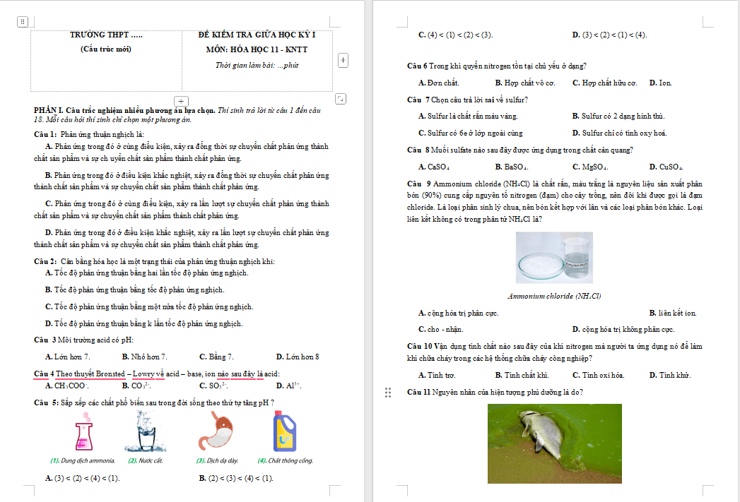 Đề thi giữa kì 1 Hóa học 11 Kết nối tri thức
