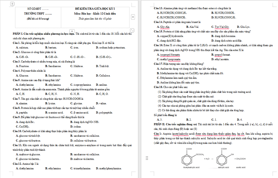 Đề thi giữa kì 1 Hóa học 12 Cánh diều