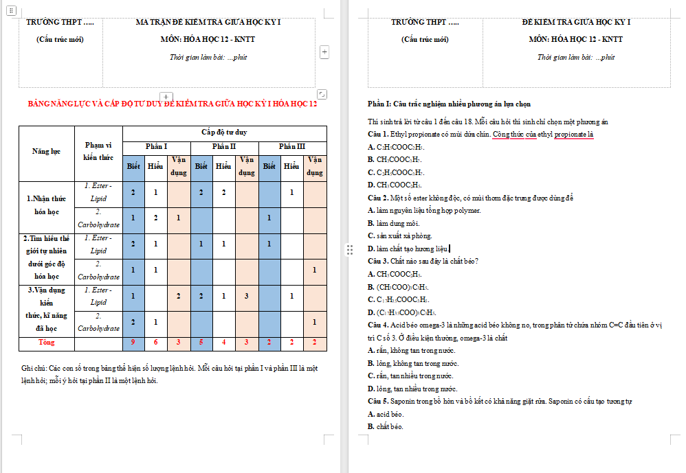Đề thi giữa học kì 1 Hóa học 12
