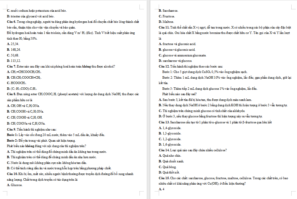 Đề thi giữa học kì 1 Hóa học 12