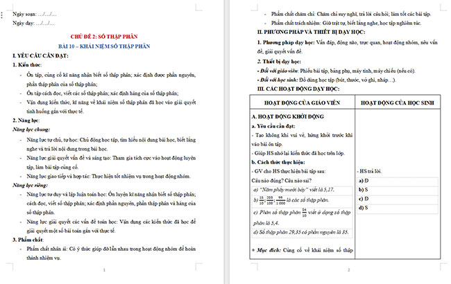 Giáo án dạy thêm Toán 5 Bài 10: Khái niệm số thập phân